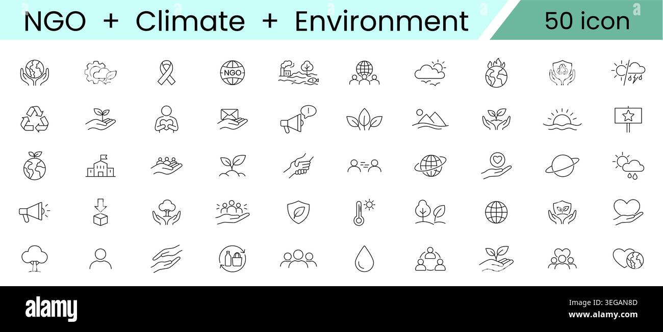 Set di icone combo ONG clima e ambiente, icone vettoriali linea di consapevolezza ambientale per campagna Eco e globale Illustrazione Vettoriale
