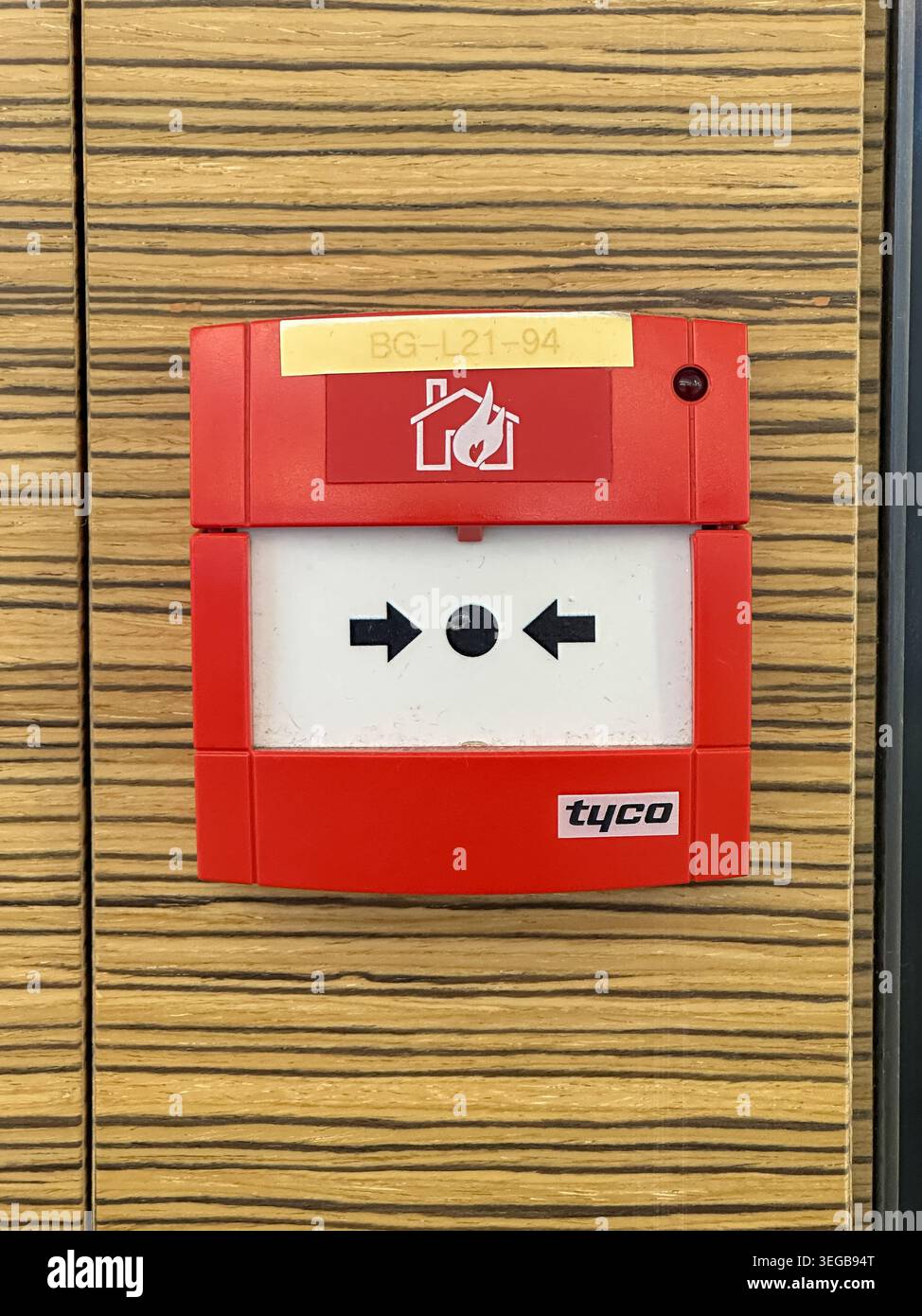 Johor, Malesia, 13 maggio 2026: Punto di chiamata allarme antincendio Tyco rosso montato su una parete con motivi in legno, che mostra frecce e icona di sicurezza della fiamma. Foto Stock