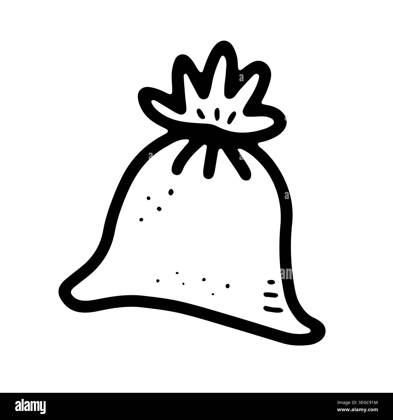 Sacco regalo Doodle Babbo Natale con ornamento fiocco di neve. Borsa di Natale disegnata a mano con regali isolati su sfondo bianco. Simbolo delle vacanze invernali, accogliente Illustrazione Vettoriale