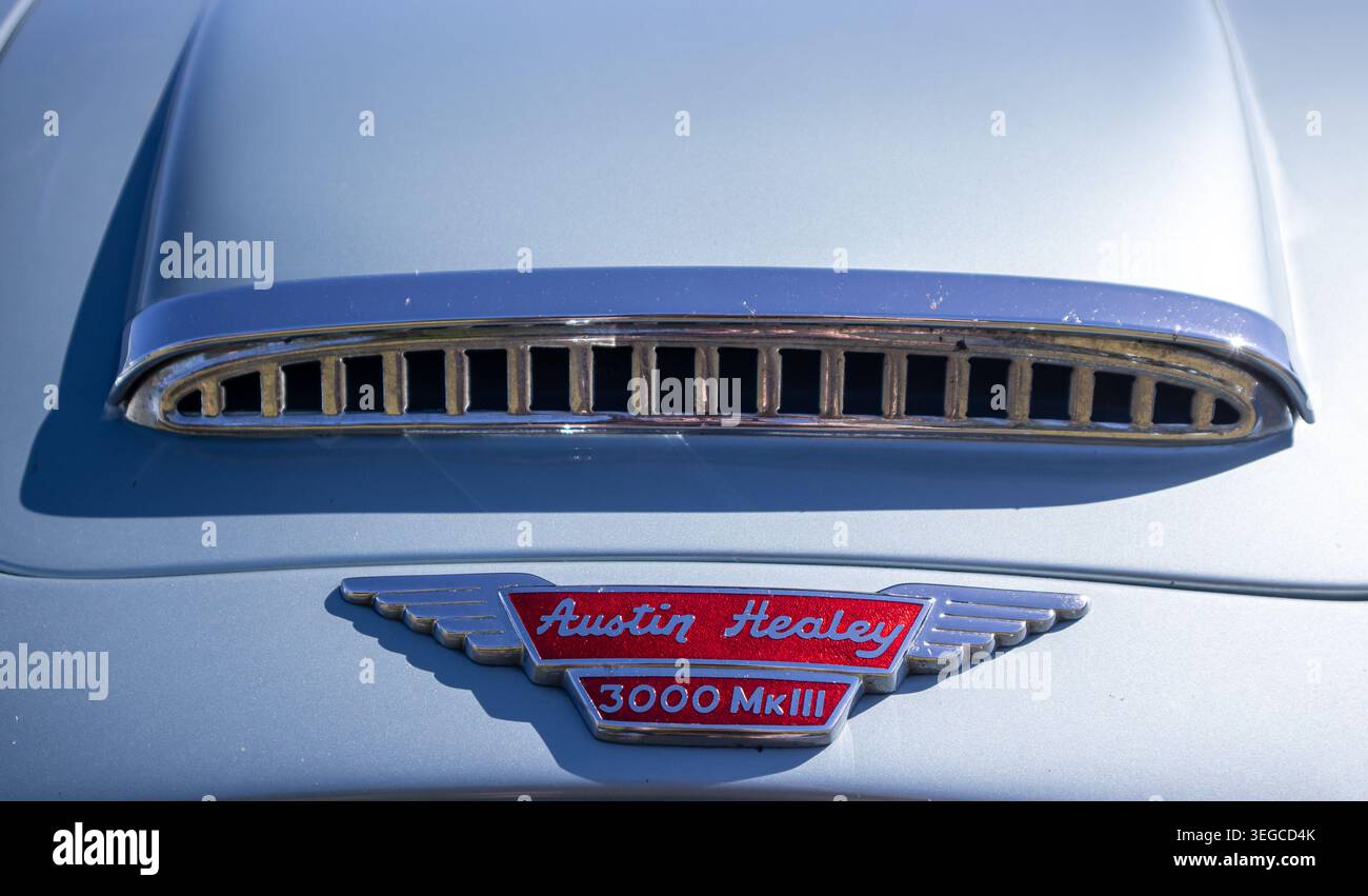 Logo Austin Healey 3000 MkIII sul cofano e presa d'aria cromata sulla carrozzeria blu pallido Foto Stock