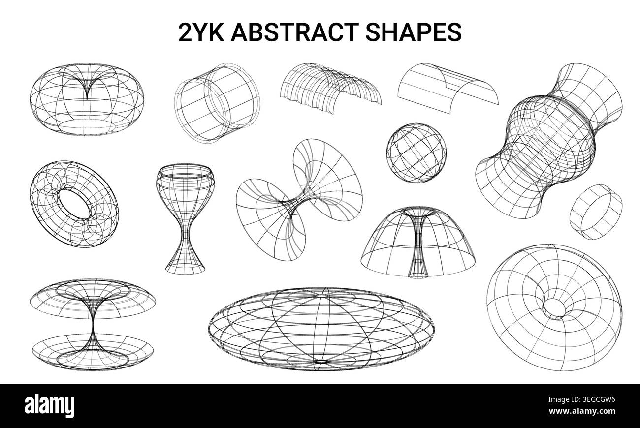 Raccolta di forme 3D astratte a reticolo, tra cui torus, cilindri, cupole e superfici curve, modelli geometrici trasparenti per la progettazione Illustrazione Vettoriale
