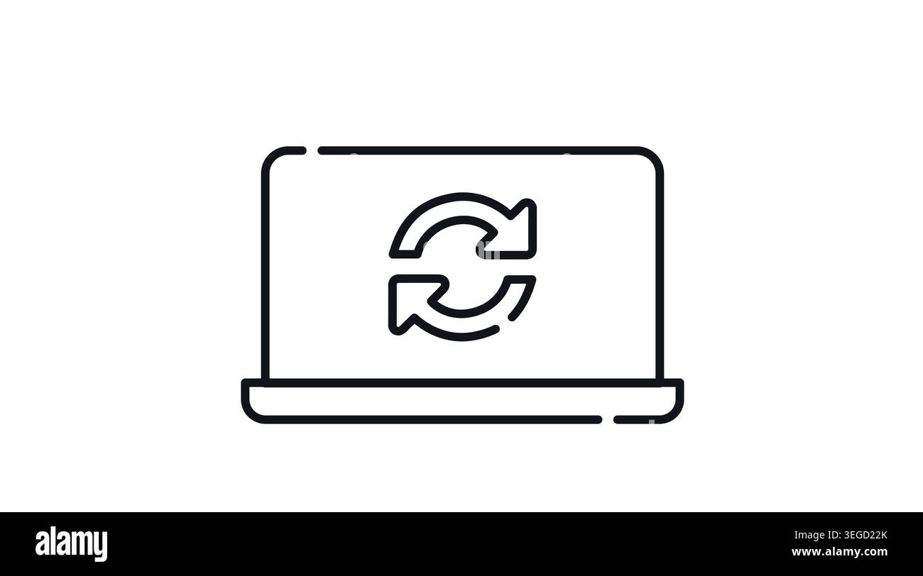 Icona di aggiornamento del notebook e del software: Notebook portatile con frecce di ricarica circolari sullo schermo, grafica minimalista con linee nere. Illustrazione Vettoriale