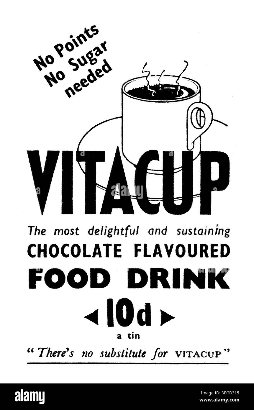 Wartime Advertising, 1945 Picture Post Magazine Advertisement for Rowntree's Vitacup Chocolate Flavoured food drink Foto Stock