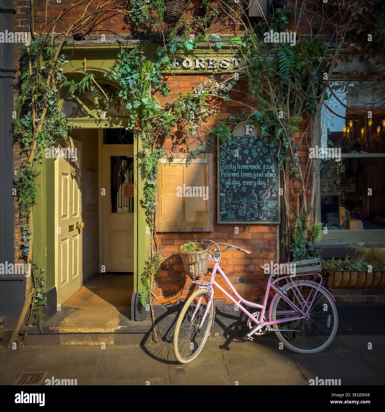 Ingresso al ristorante e bar Forest con una bicicletta rosa fuori a York, Inghilterra. Foto Stock