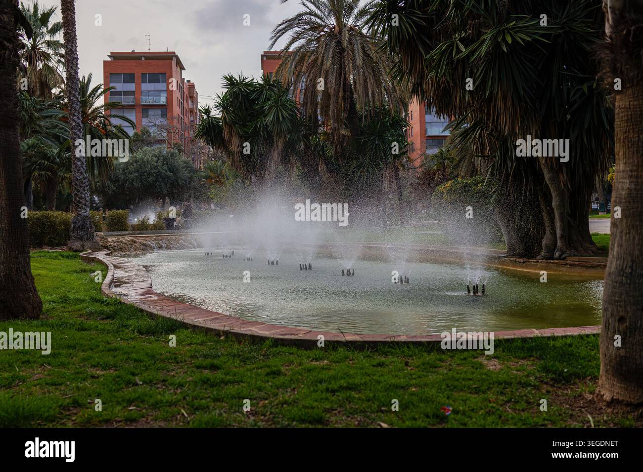 Laghetto del parco urbano con nebbia di fontana, circondato da palme e prato verde, condomini sullo sfondo sotto il cielo nuvoloso; tranquillo giardino cittadino Foto Stock