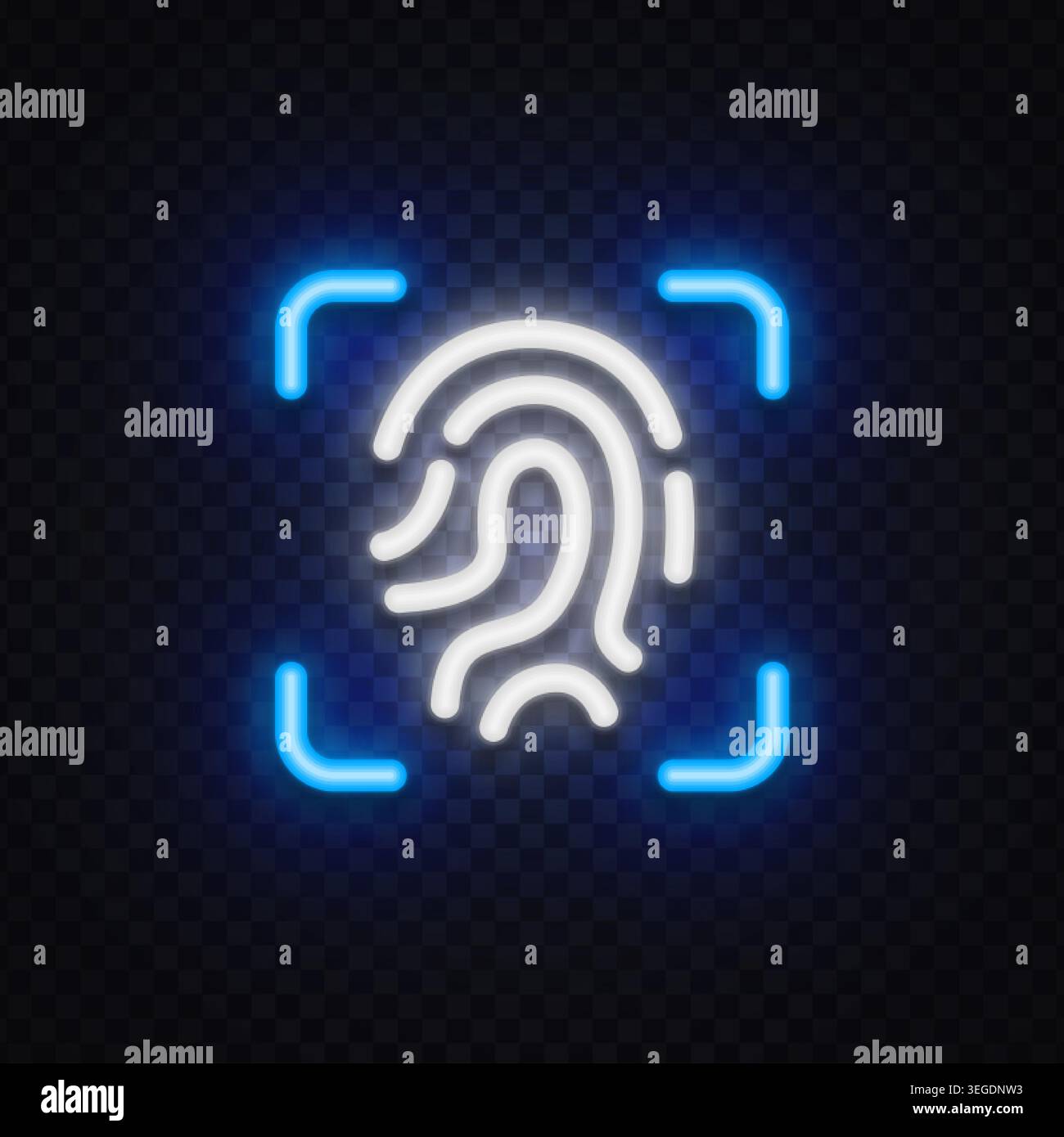 Icona luminosa di scansione delle impronte digitali in stile neon. Autenticazione biometrica e simbolo di verifica dell'identità per sicurezza, controllo degli accessi e digitale Illustrazione Vettoriale