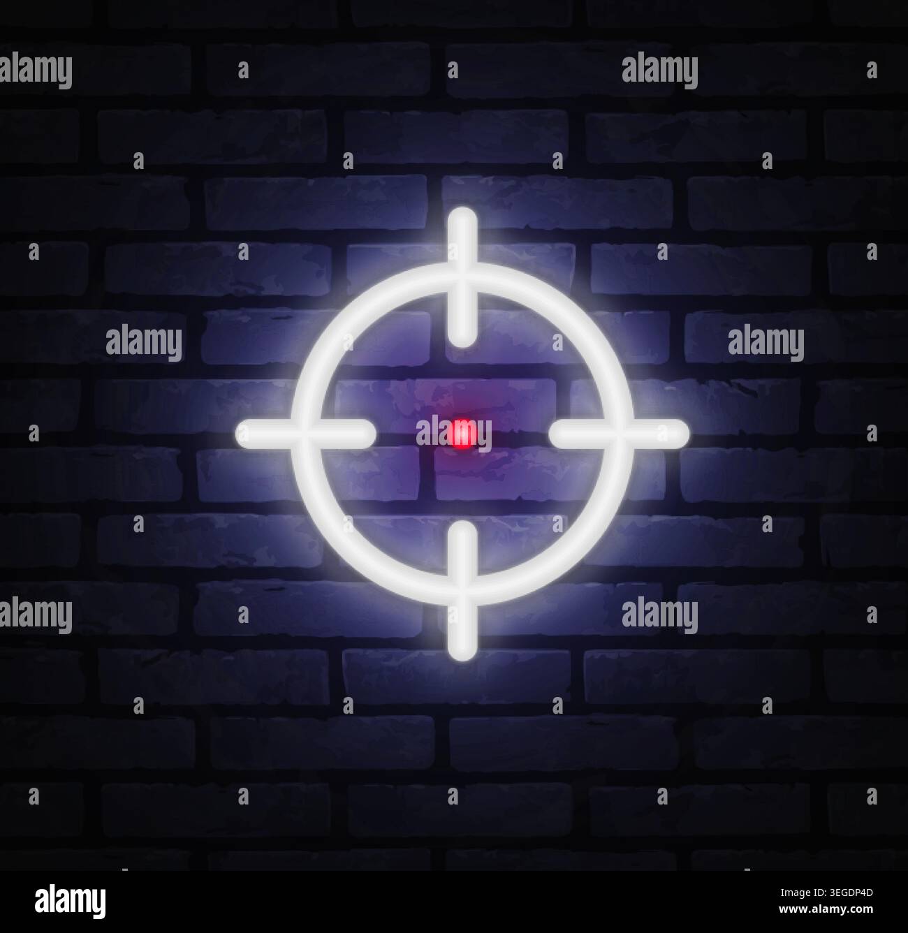 Icona del bersaglio al neon con punto centrale rosso. Obiettivo, messa a fuoco e concetto di precisione per la navigazione, il monitoraggio e gli obiettivi aziendali. Illustrazione Vettoriale