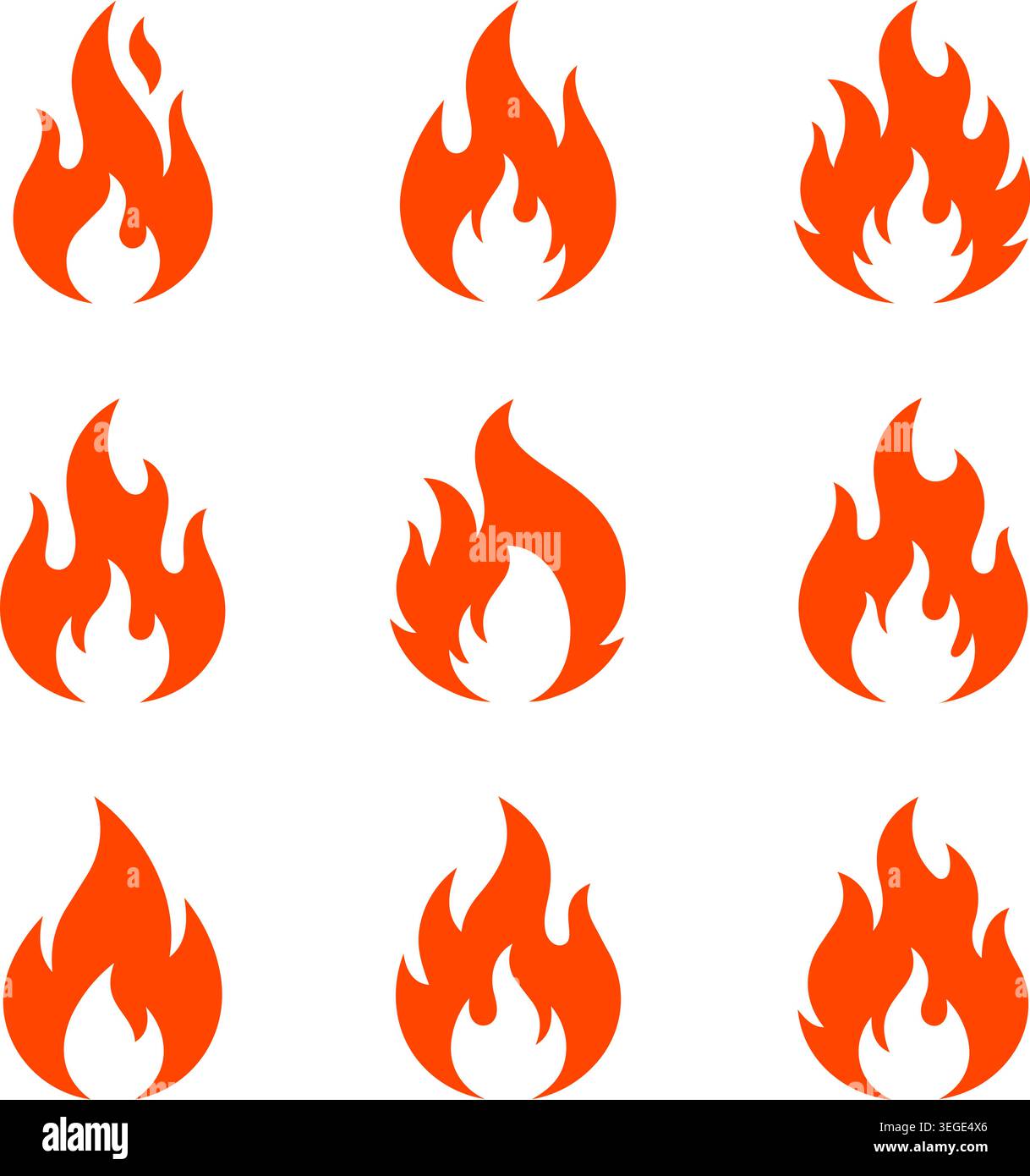 Una collezione di nove icone piatte di fuoco rosse e simboli isolati su uno sfondo bianco Illustrazione Vettoriale