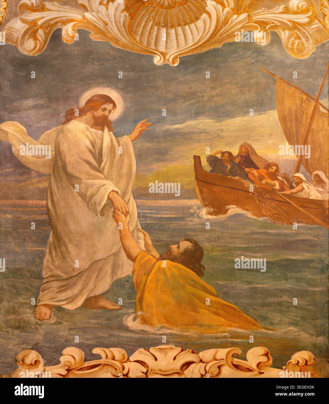 VERCELLI, ITALIA - 17 GENNAIO 2026: L'affresco di scena Pietro che cammina sull'acqua verso Gesù nella chiesa di san Salvatore di G. porta Foto Stock
