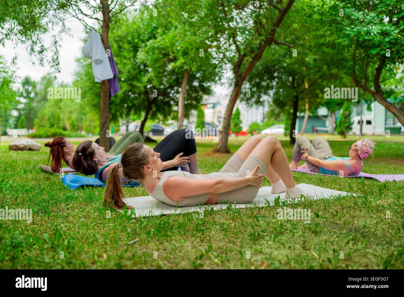 Donne che eseguono crunches ab in fila su tappetini yoga durante l'esercizio all'aperto nel parco verde. AB crunches, yoga, tappeti, all'aperto, parco, donne. Foto Stock
