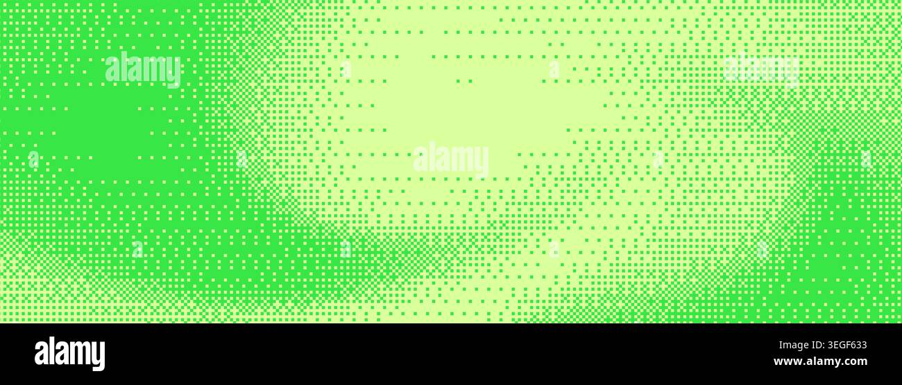 Sfondo pixel verde con pattern gradiente. Illustrazione vettoriale dello sfondo a mezzitoni a colori con effetto di gradazione dei punti astratti, texture bitmap retrò, effetto grafico a 8 bit, design di giochi per computer y2k Illustrazione Vettoriale