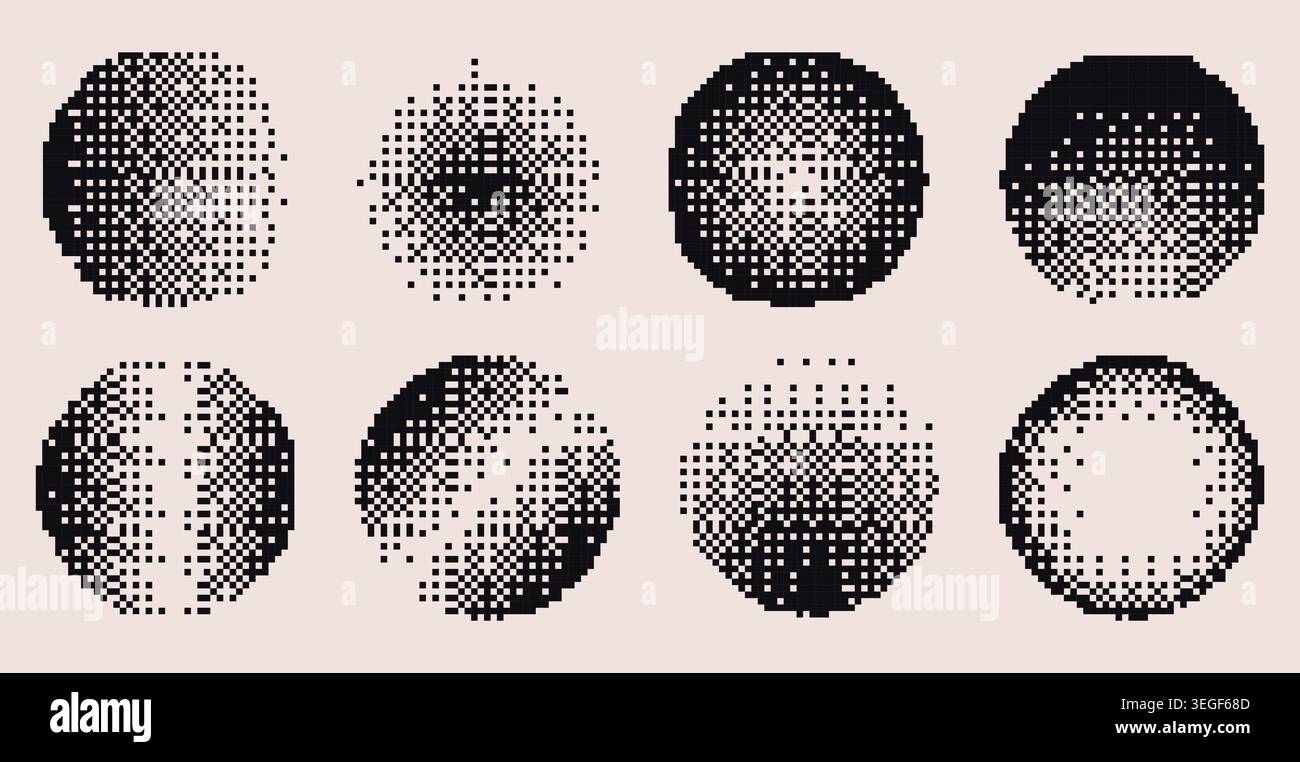 Forme sfumature mezzitoni arrotondate impostate isolate sullo sfondo. Illustrazione vettoriale di cerchi astratti con texture a punti neri, effetto dithering granuloso, Planet design arcade a 8 bit, elemento grunge poster Illustrazione Vettoriale
