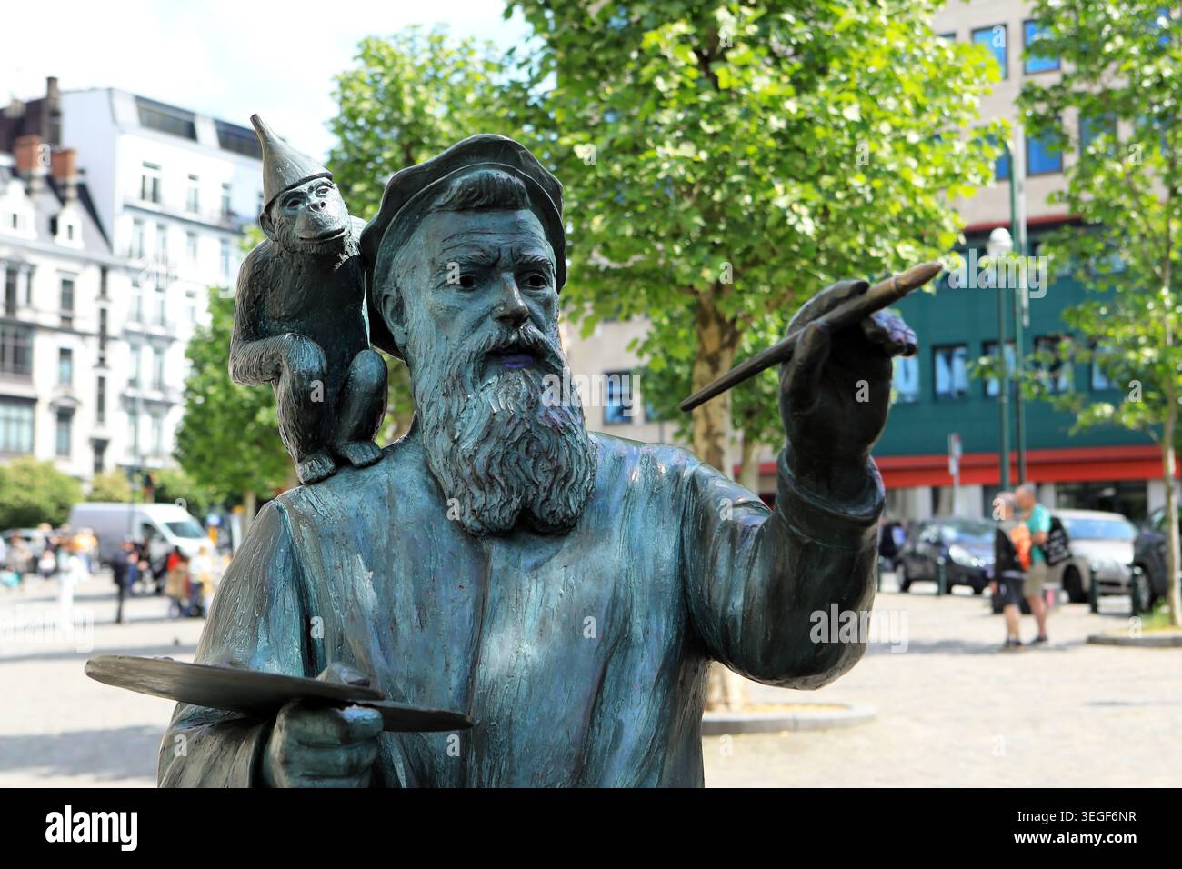 Statua raffigurante Pieter Bruegel il Vecchio a Bruxelles, Belgio Foto Stock