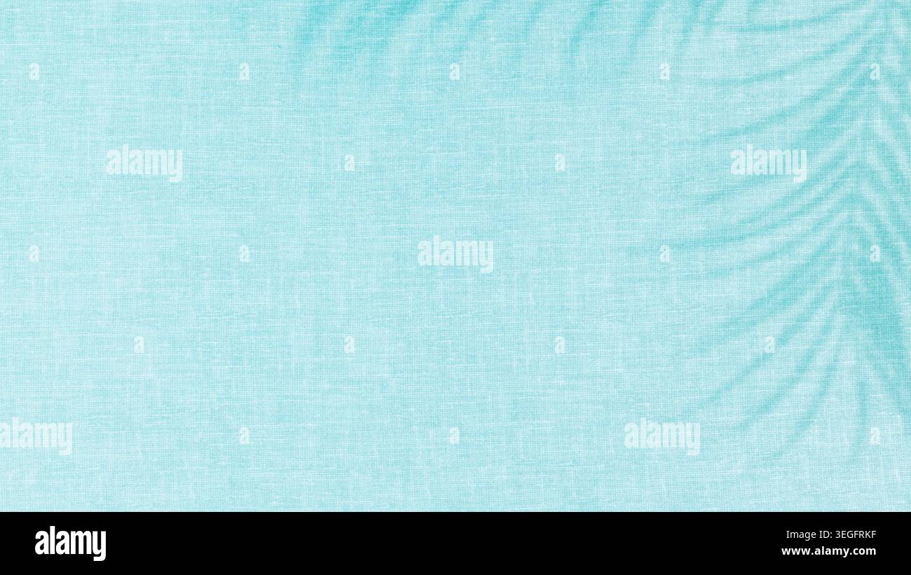 Sfondo tessuto blu con trama di lino con ombre foglie di palma Foto Stock