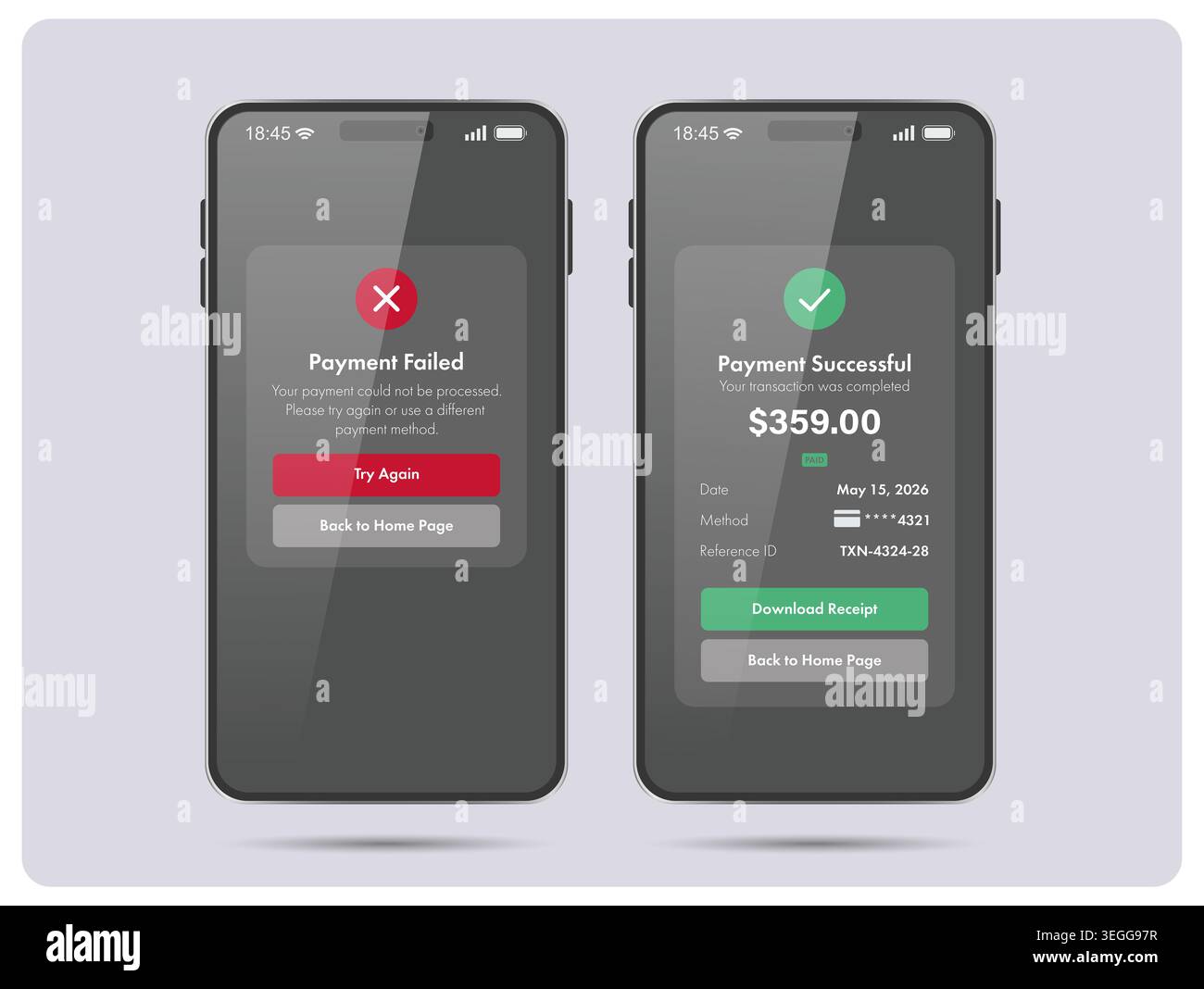Immagine vettoriale delle schermate dello smartphone con notifiche di pagamento online riuscite e non riuscite. Moderna interfaccia di mobile banking con transa digitale Foto Stock