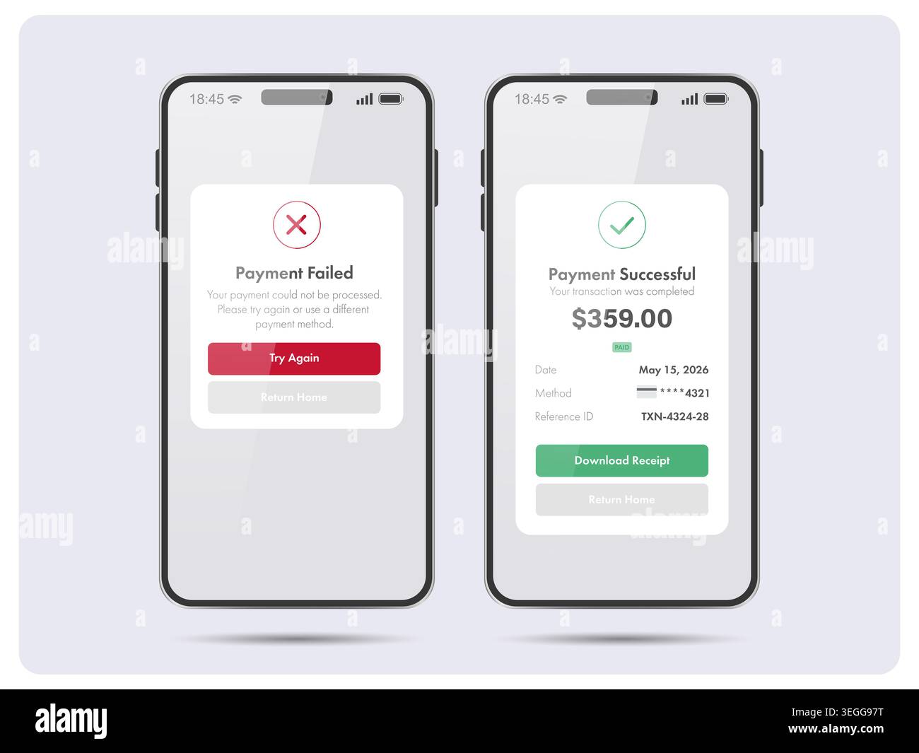 Immagine vettoriale delle schermate dello smartphone con notifiche di pagamento online riuscite e non riuscite. Moderna interfaccia di mobile banking con transa digitale Foto Stock