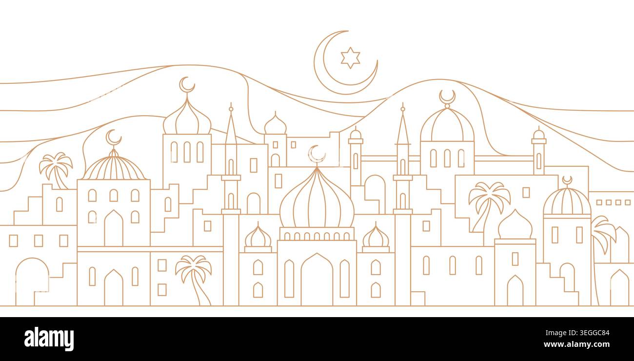 Il paesaggio della città araba è caratterizzato da moschee musulmane, cupole e minareti, archi e palme con luna crescente e stella sulle montagne del deserto. Sfondo vettore vacanze Ramadan Illustrazione Vettoriale