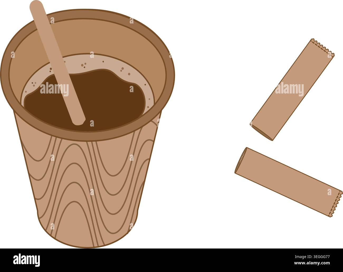 Caffè in una tazza di carta monouso con linee ondulate, bastoncino per mescolare e bastoncino per lo zucchero strappato minimo. Icona dell'adesivo per illustrazioni vettoriali isolate contenuto correlato al messaggio pubblicitario, stampa o materiale promozionale Illustrazione Vettoriale