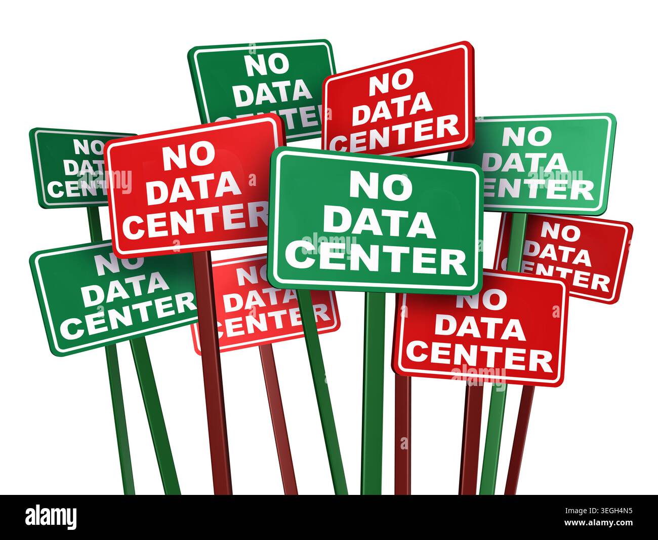 Protestare contro i data center e il divieto dei data center e la tecnologia ai protesta come segno di rivolta pubblica contro le grandi installazioni tecnologiche come un p Foto Stock