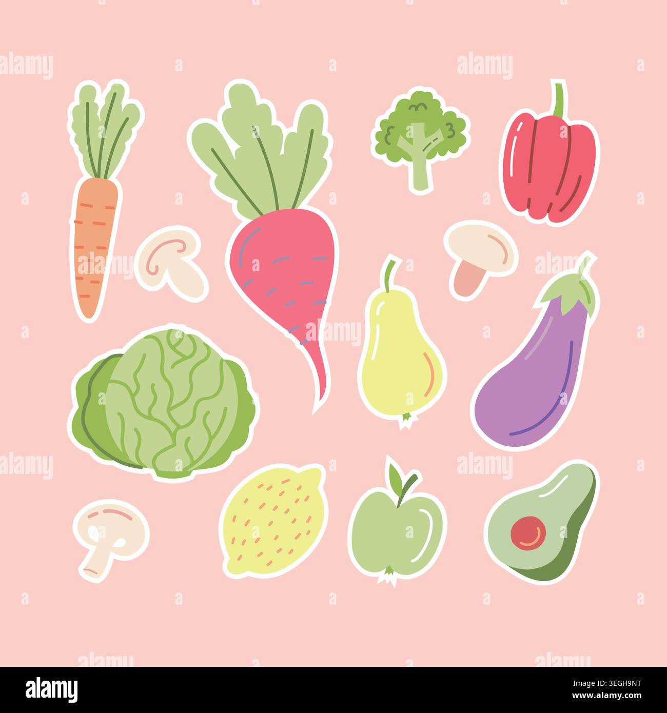 Grazioso set di adesivi vegetali con icone disegnate a mano su sfondo rosa per menu vegetariani e design di packaging Illustrazione Vettoriale
