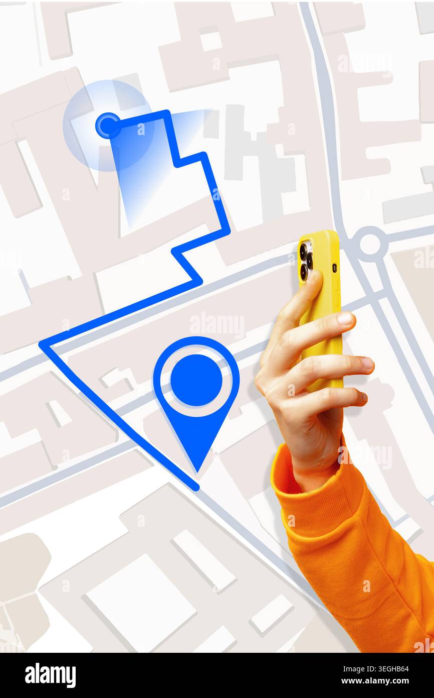 Tracciamento della posizione del taxi su una mappa utilizzando uno smartphone in una zona della città Foto Stock