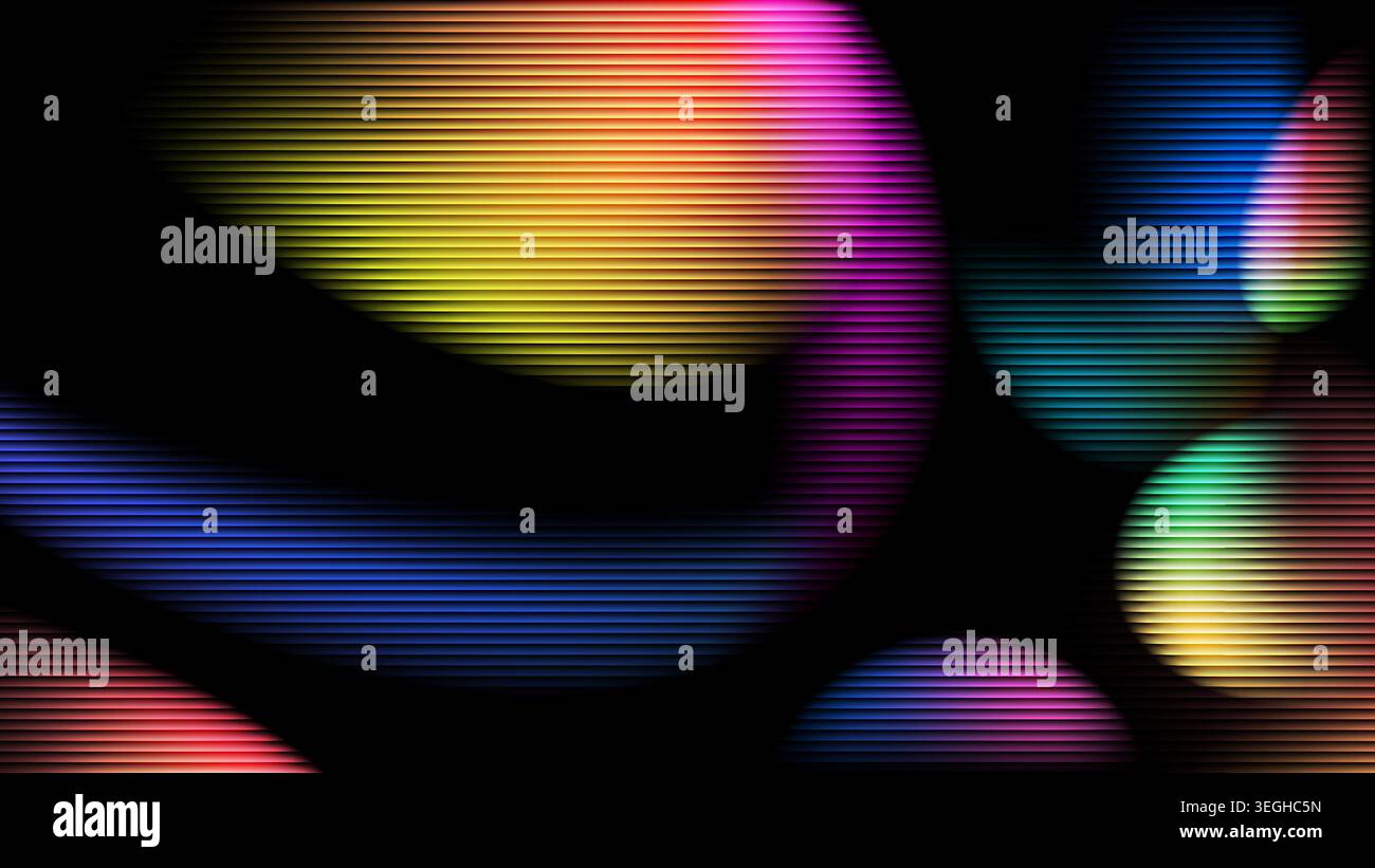 Sfondo astratto con forme sfumate multicolori brillanti e linee di scansione orizzontali testurizzate su sfondo scuro per un design digitale Illustrazione Vettoriale