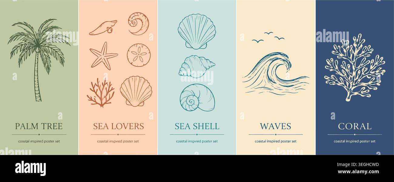 Set di poster sulla vita marina disegnati a mano ispirati alla costa Illustrazione Vettoriale