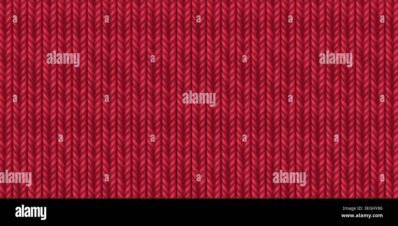 Motivo in maglia rossa di lana con texture in tessuto dettagliate e realistico sfondo vettoriale. Bg di tessuto invernale senza cuciture, design a filo in cotone scarlatto, materiale a quadri in calde tonalità blu jeans. Illustrazione Vettoriale