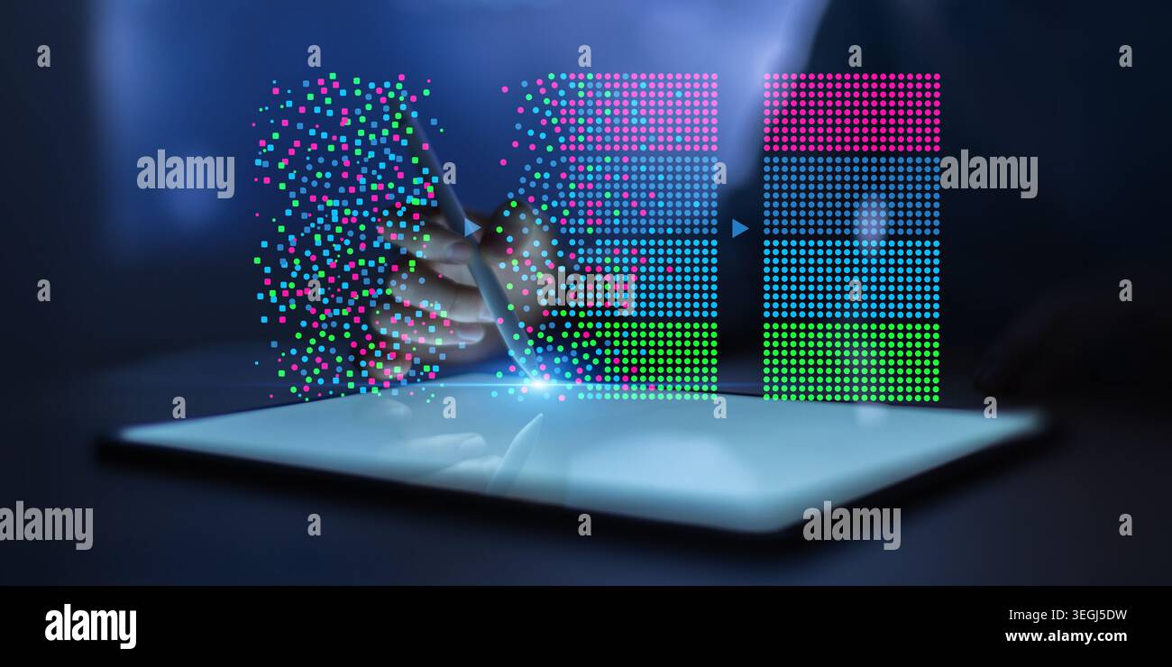 Interfaccia di analisi dei big data per dimostrare l'elaborazione strutturata di grandi dataset. Foto Stock