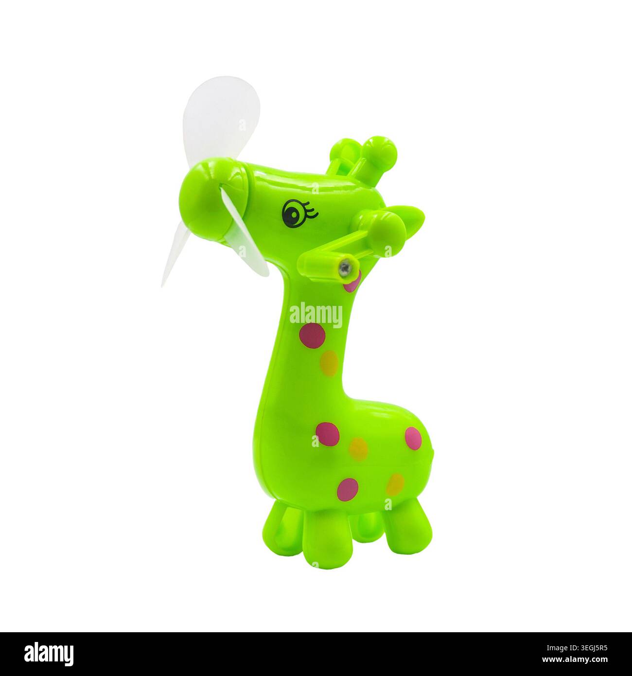 Simpatico ventilatore manuale per giraffe verde isolato su sfondo bianco. Foto Stock