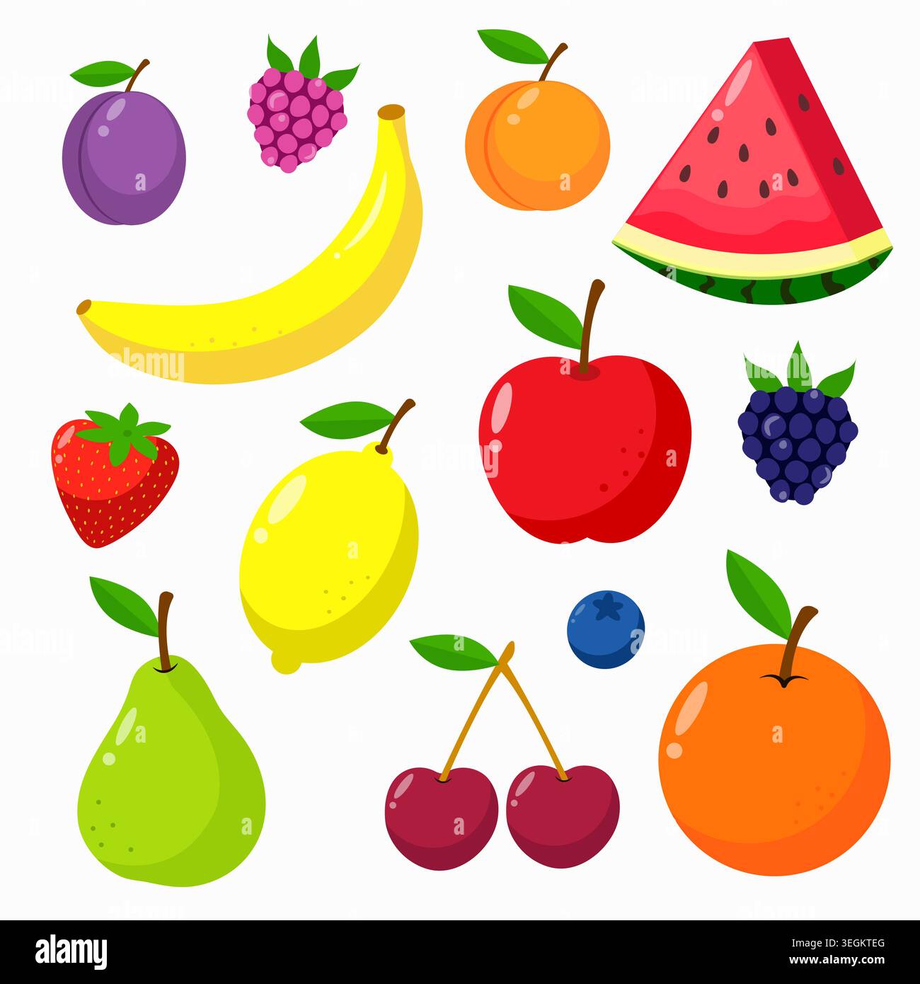 Set colorato di frutta e bacche con mela, arancia, pera, anguria, prugne, ciliegia, albicocca, mirtillo, lampone, limone, banana, mora e paglia Illustrazione Vettoriale