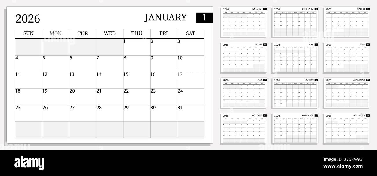 2026 pagine mensili in bianco e nero o di calendario, la settimana inizia domenica, design vettoriale semplice e pulito con spazio di copia per prendere appunti. Illustrazione Vettoriale