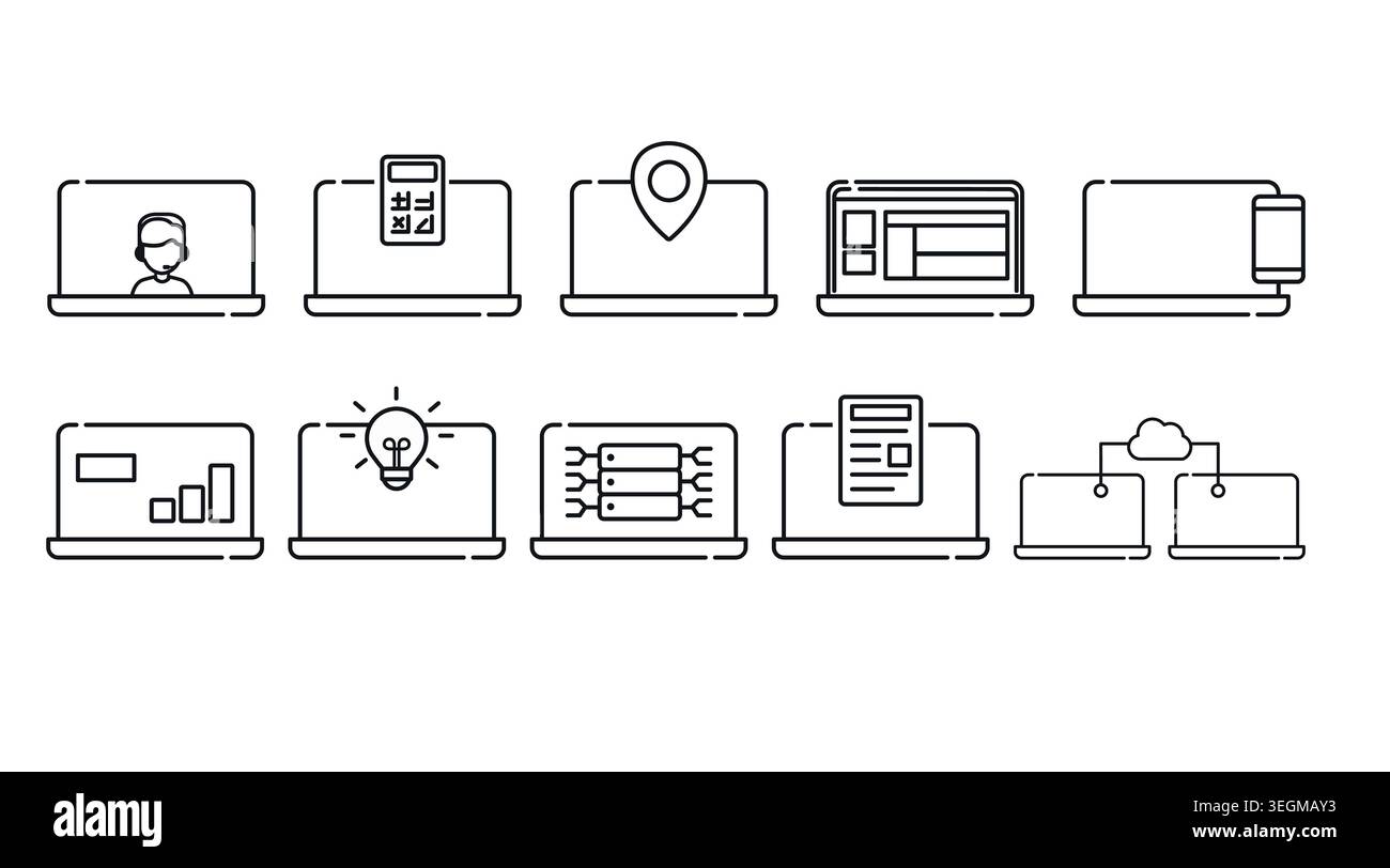 Mega set di 10 icone per computer portatili: Notebook minimalisti con linee nere con business, analisi, supporto e simboli cloud, stile dell'interfaccia utente. Illustrazione Vettoriale
