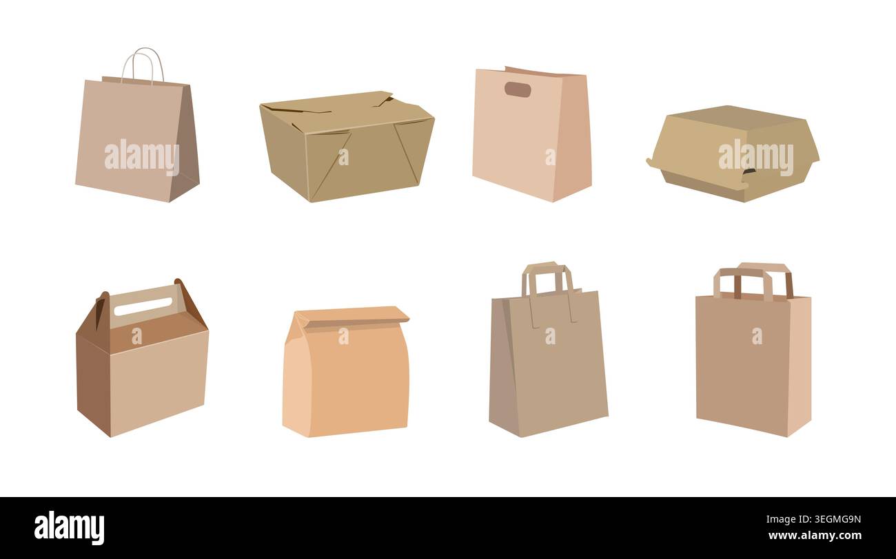 Set realistico di sacchetti di carta e scatole da asporto: Modelli di imballaggio kraft marroni dettagliati per la consegna di alimenti e la raccolta vettoriale isolata al dettaglio. Illustrazione Vettoriale