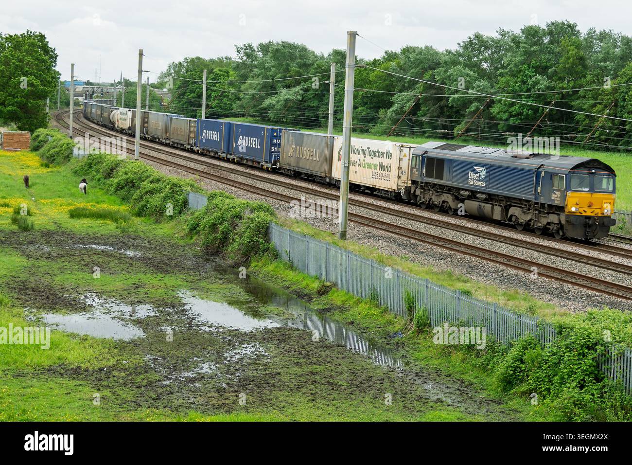 Una locomotiva diesel Direct Rail Services classe 66 tira una lunga linea di colorate carrozze portacontainer lungo la linea principale della West Coast. Lussureggianti campi verdi surro Foto Stock