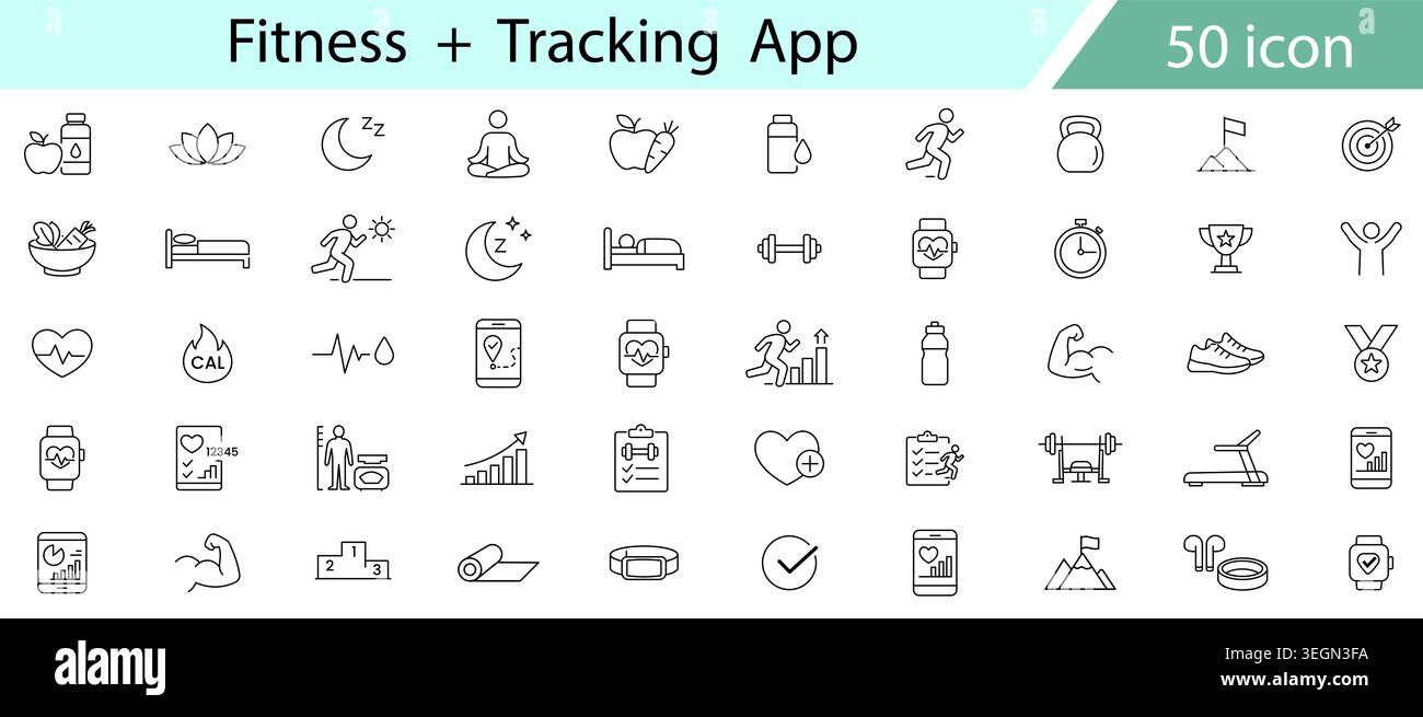 Set di icone combinate per l'applicazione fitness e Health Tracking, monitor attività benessere allenamento e icone vettoriali della linea sanitaria per applicazioni fitness mobili Illustrazione Vettoriale