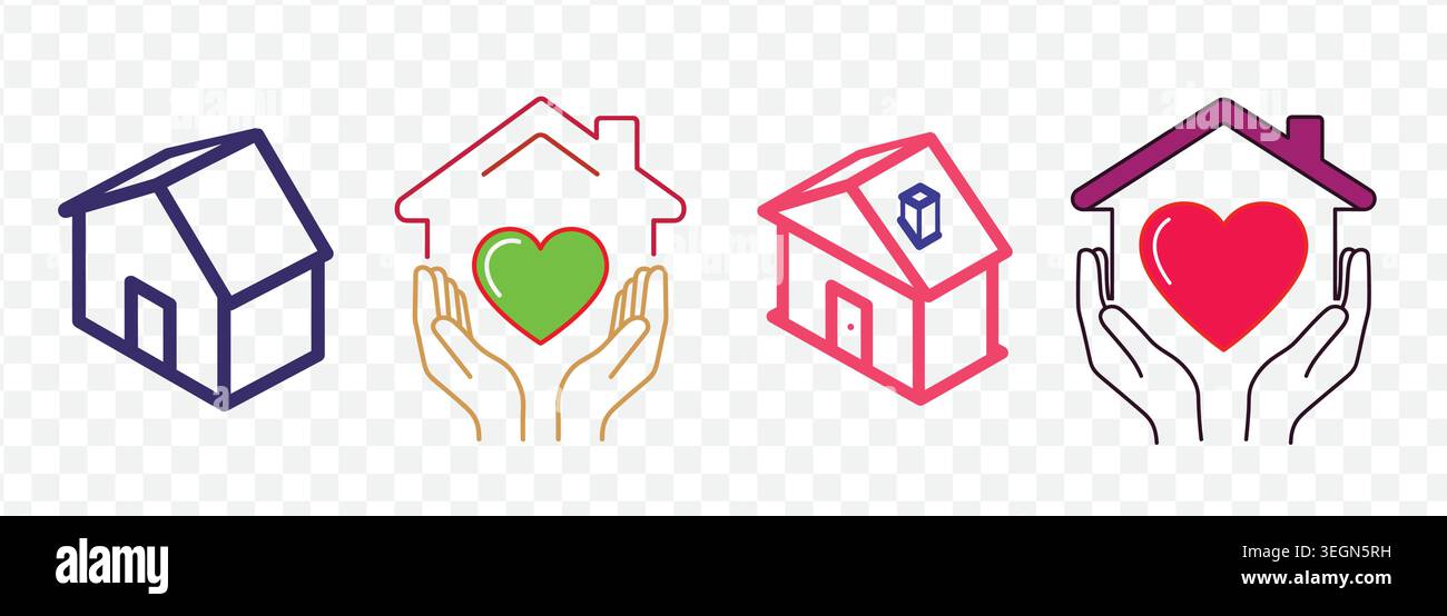 Case stilizzate abbinate a cuori e mani a forma di cuori. Le icone rappresentano l'amore per la casa, la sicurezza, la cura, la protezione e il supporto per la famiglia e l'abitazione. Illustrazione Vettoriale