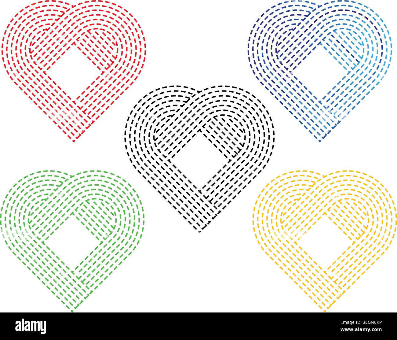 Cinque forme di cuore fatte di linee tratteggiate, in rosso, blu, verde, giallo, e nero, formando una disposizione circolare. Simboli artistici. Illustrazione Vettoriale
