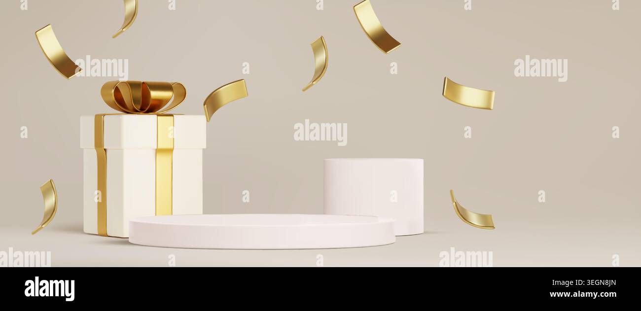 Plateau bianco con confezione regalo e coriandoli dorati. Illustrazione vettoriale realistica di un regalo elegante con nastro lucido, aeroplano festivo, esposizione di prodotti premium, offerta speciale per i negozi Illustrazione Vettoriale