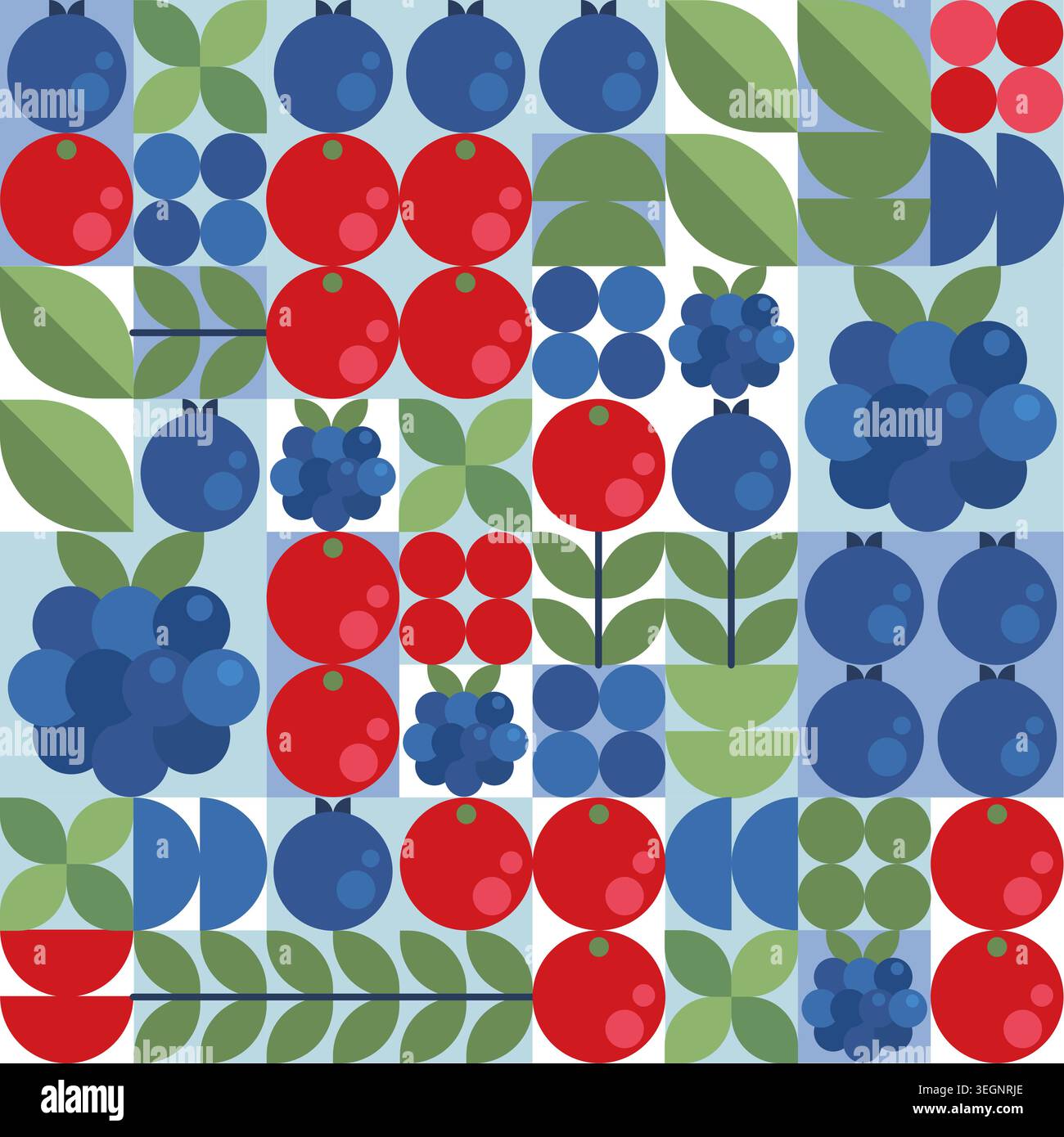 Motivo geometrico a bacca con frutti di bosco blu e rossi in uno stile piatto minimalista. Icone astratte del frutto vettoriale per sfondi senza cuciture, design del packaging o elementi decorativi moderni. Illustrazione Vettoriale