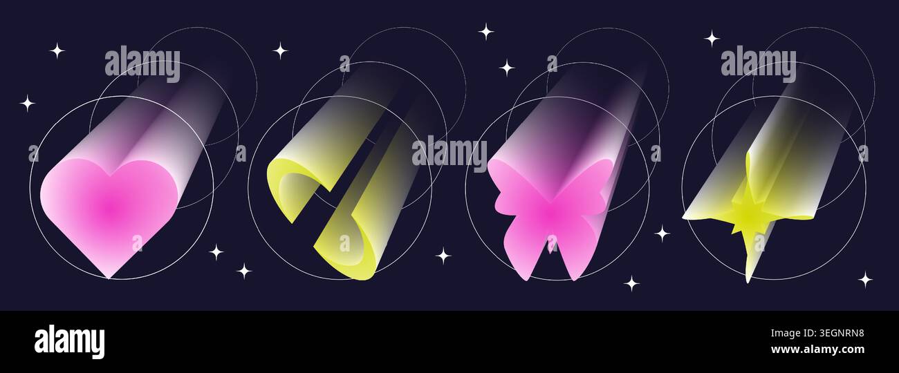 Icone di aura estetica Y2K con texture gradiente, prospettiva 3d e bagliore al neon. Forme olografiche vettoriali astratte, morbidi effetti di sfocatura ed elementi adesivi alla moda per progetti di design moderni. Illustrazione Vettoriale