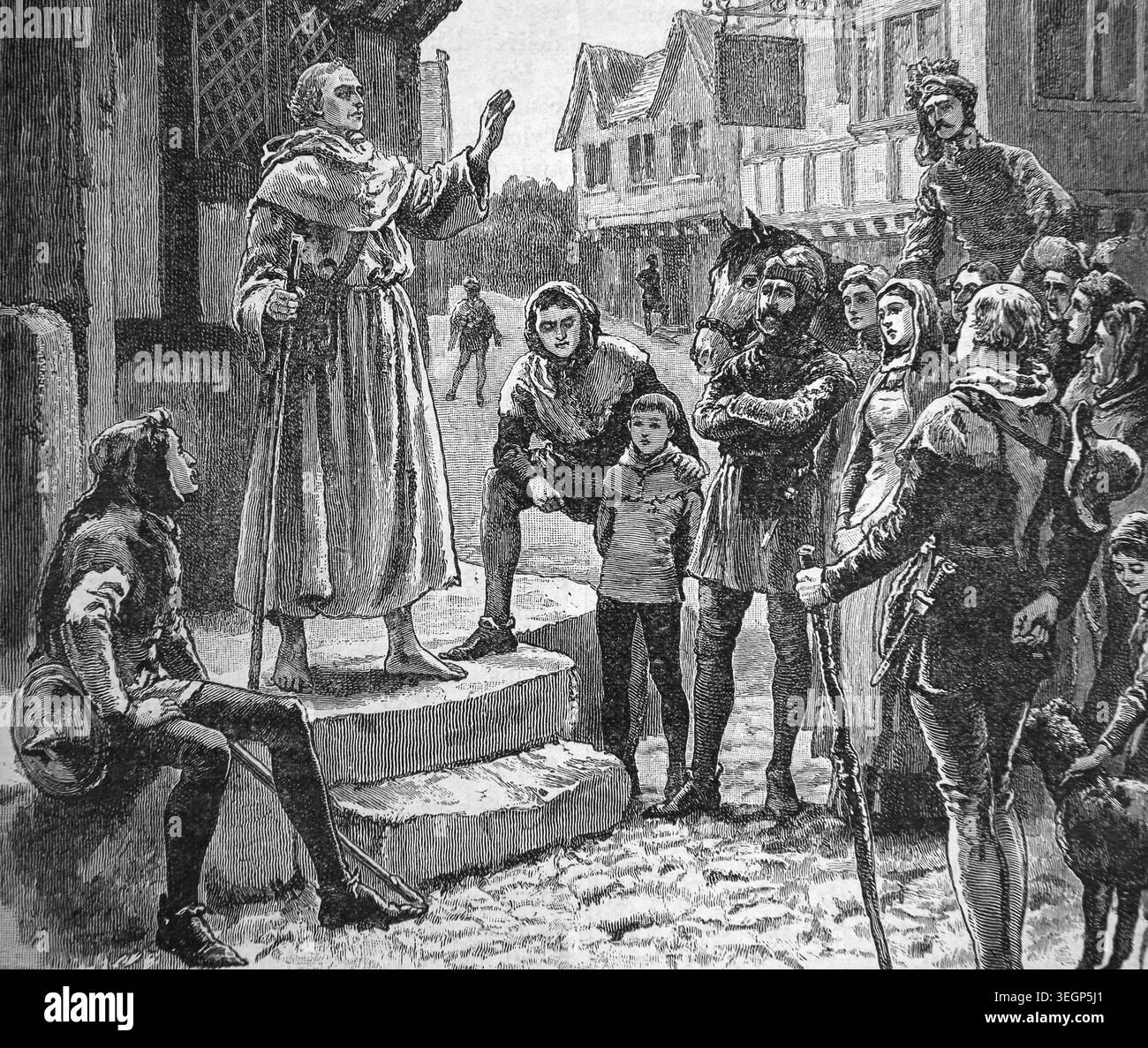 Incisione di uno dei "poveri sacerdoti" di john Wycliffe che predicava alla gente da un libro di storia del XIX secolo, Cassell's History of England Special Editi Foto Stock