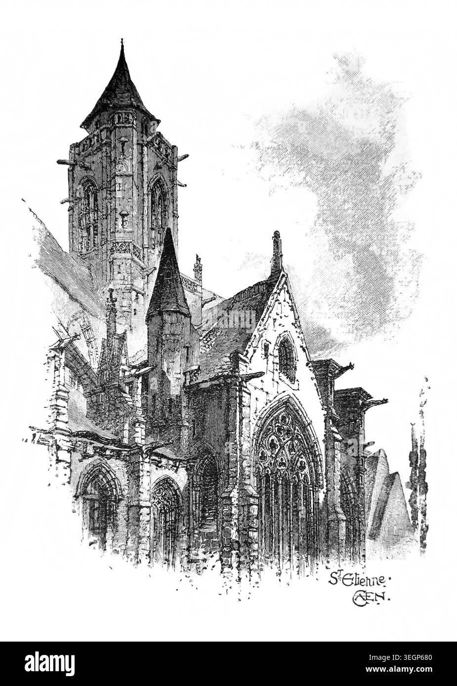 Incisione della Chiesa di St Etienne a Caen di Herbert Raillon 1887 da un libro di storia del XIX secolo Cassell's History of England Special Edition Vo Foto Stock