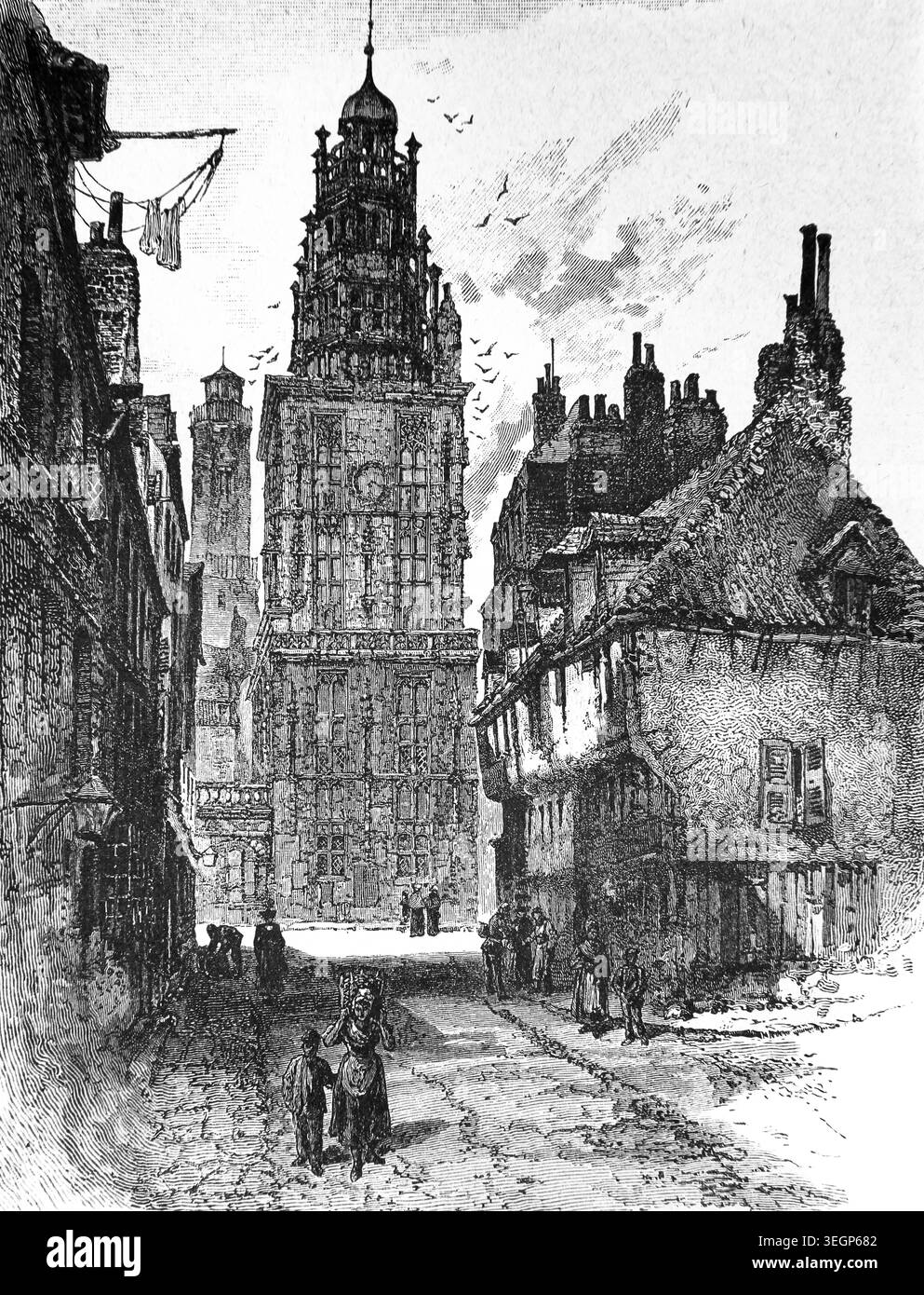 Incisione della vista a Calais Rue De la Citadelle che mostra il campanile di un libro di storia del XIX secolo Cassell's History of England Special Edition V Foto Stock