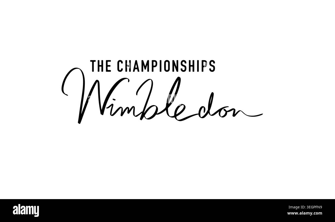 Elegante design tipografico con "The Championships Wimbledon" in calligrafia scritta a mano e moderna scritta minimalista su un bianco pulito Foto Stock