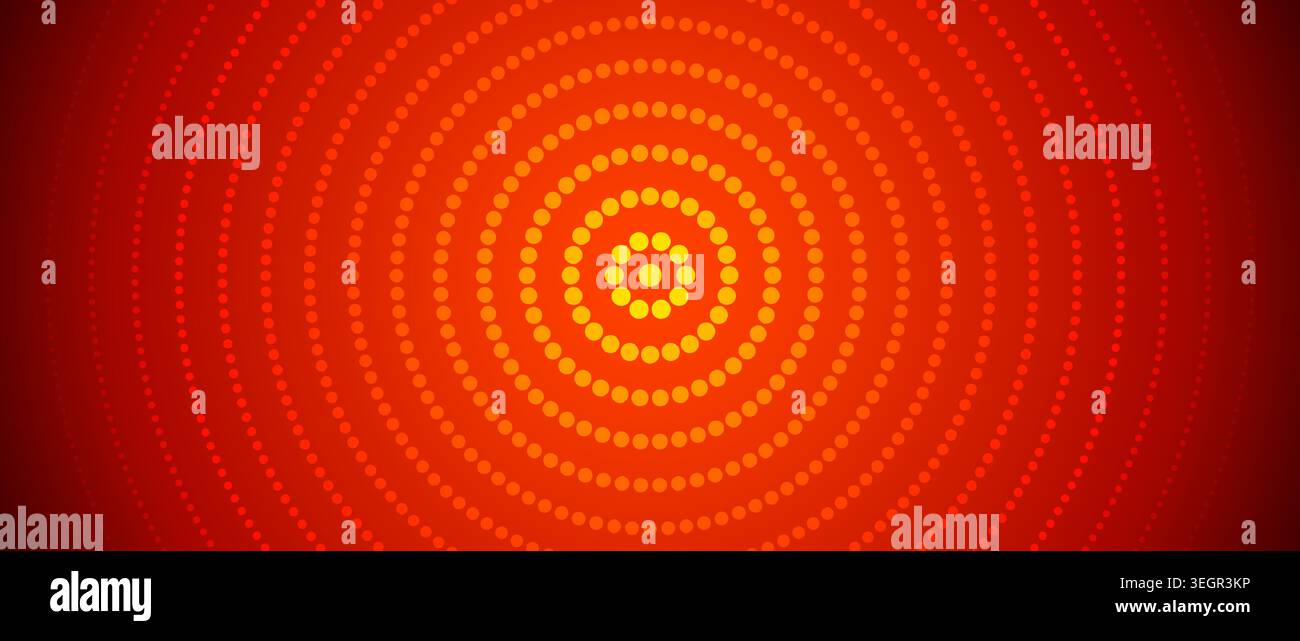 Sfondo cerchio concentrico rosso neon. Onde epicentro in espansione punteggiate. Segnale acustico radiale o sfondo con vibrazione. Concetto di target tratteggiato, radar o effetto sonar. Sfondo gradiente caldo ondulato vettoriale Illustrazione Vettoriale