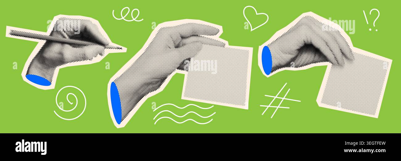 Collage di mani mezzitoni con dettagli a matita sullo sfondo. Tagliare il layout della passeggiata scolastica in parte con segni di taglio che mostrano gesti stilizzati con fogli di carta e note Illustrazione Vettoriale