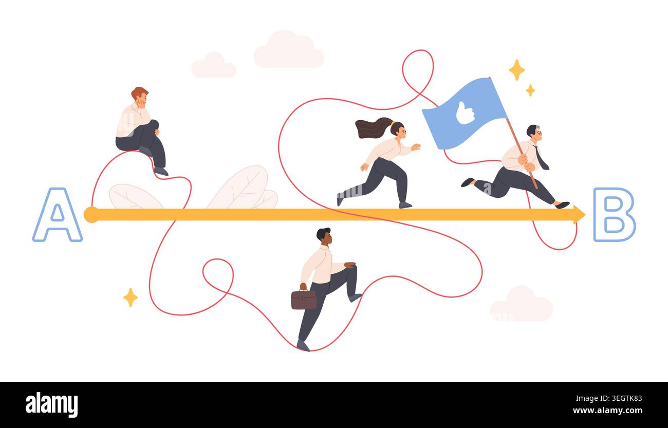 Gli uomini d'affari che vanno dal punto A al punto B, scelgono un percorso di scelta rapida per raggiungere il successo, la leadership, la motivazione e il raggiungimento degli obiettivi, uno stile piatto minimo isolato su sfondo bianco illustrazione vettoriale Illustrazione Vettoriale