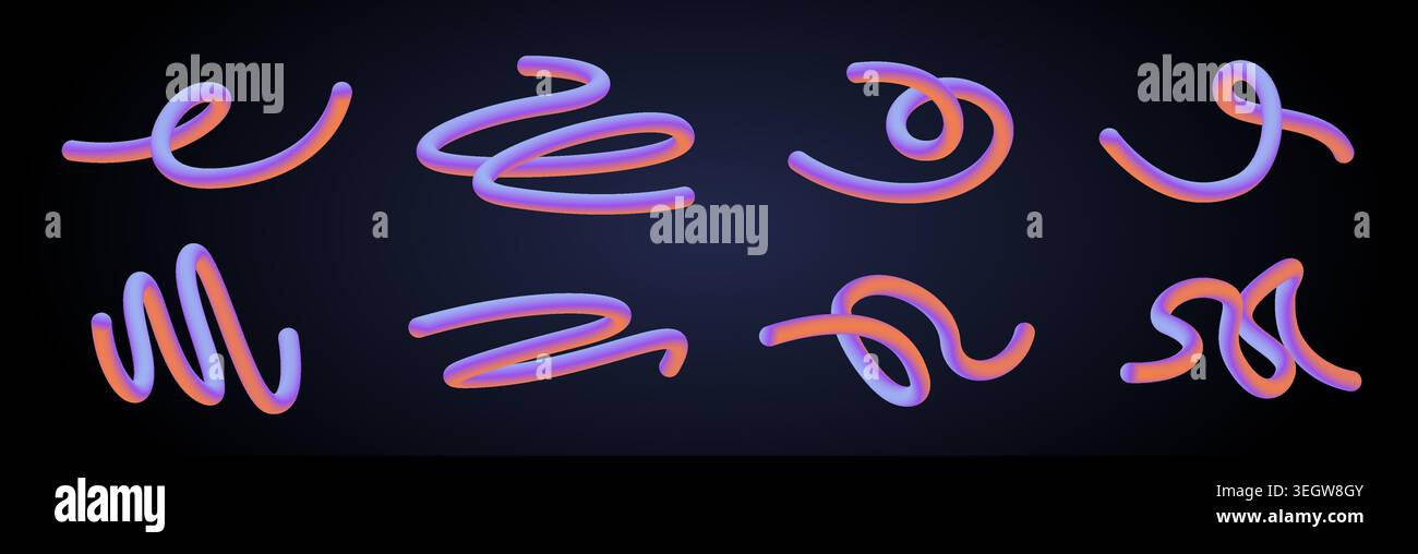 Linee ondulate astratte con colori sfumati al neon vivaci, forme fluide con effetto dinamico del movimento. Moderno design grafico vettoriale 3D con vortici organici e curve geometriche isolate su sfondo nero Illustrazione Vettoriale