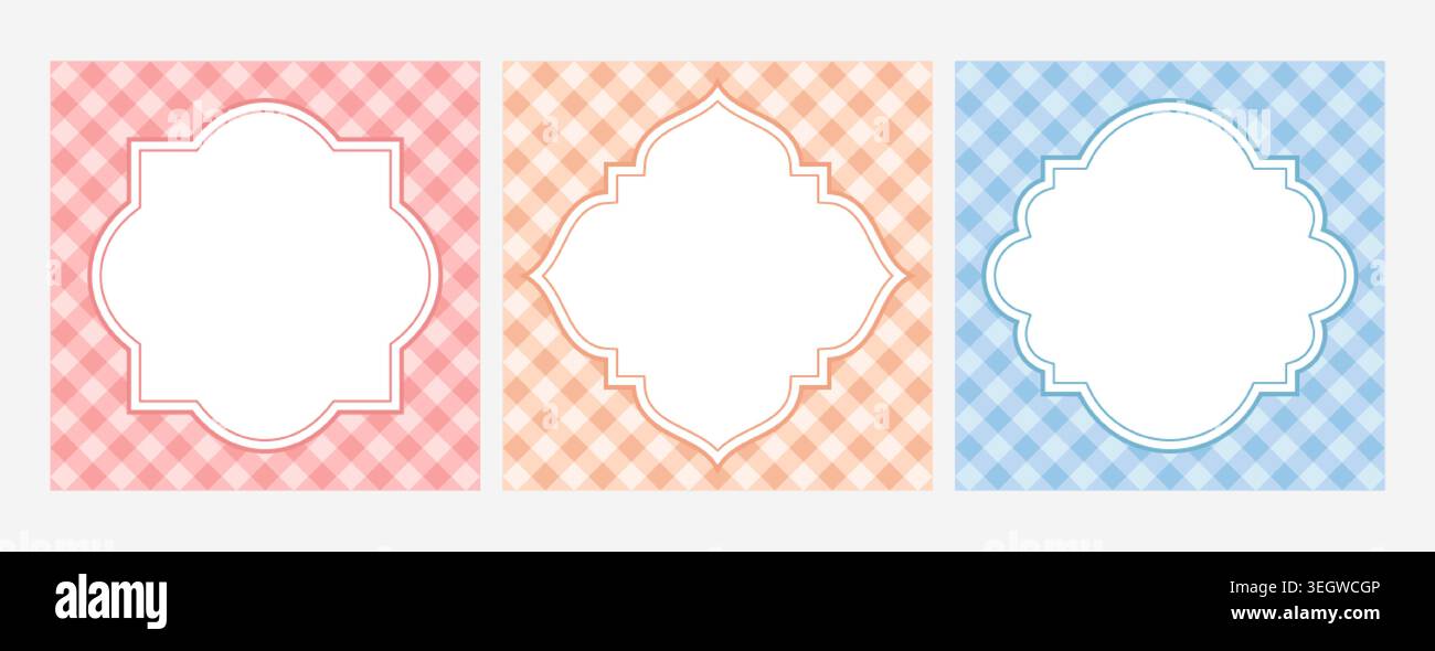 Il vettore di cornici musulmane arabe impostato su vichy controlla lo sfondo senza interruzioni. Modello per bordi vuoti per tovaglie in tessuto, coperta da picnic. Finestre islamiche geometriche a scacchi in stile orientale Illustrazione Vettoriale